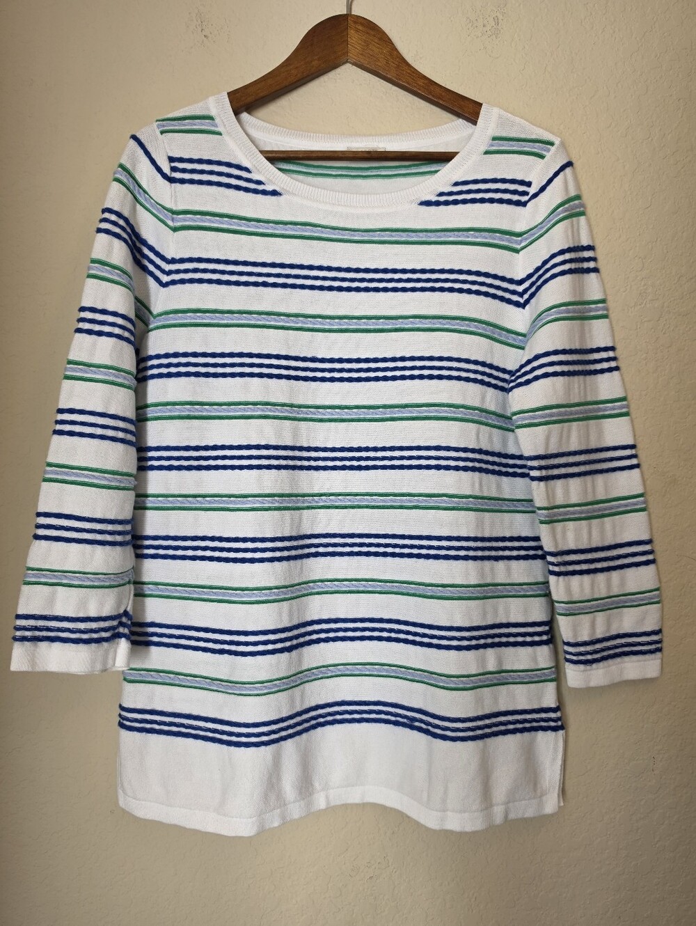 Talbots Sweater Womens XL White Blue Green Textured Stripe Coastal Grandma- Flaw